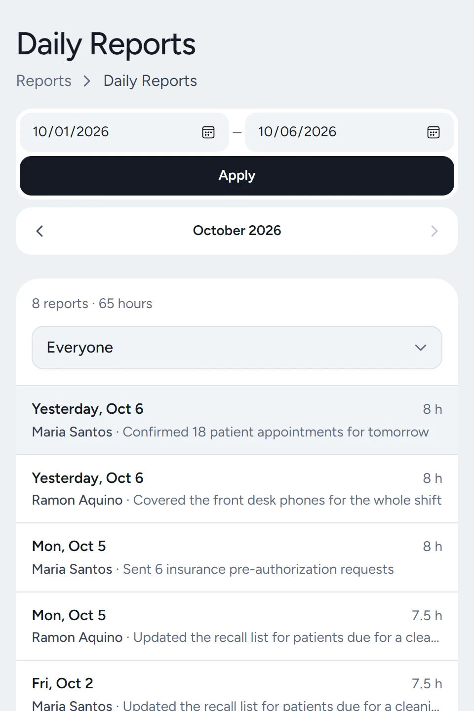 The client portal's daily reports on a phone.