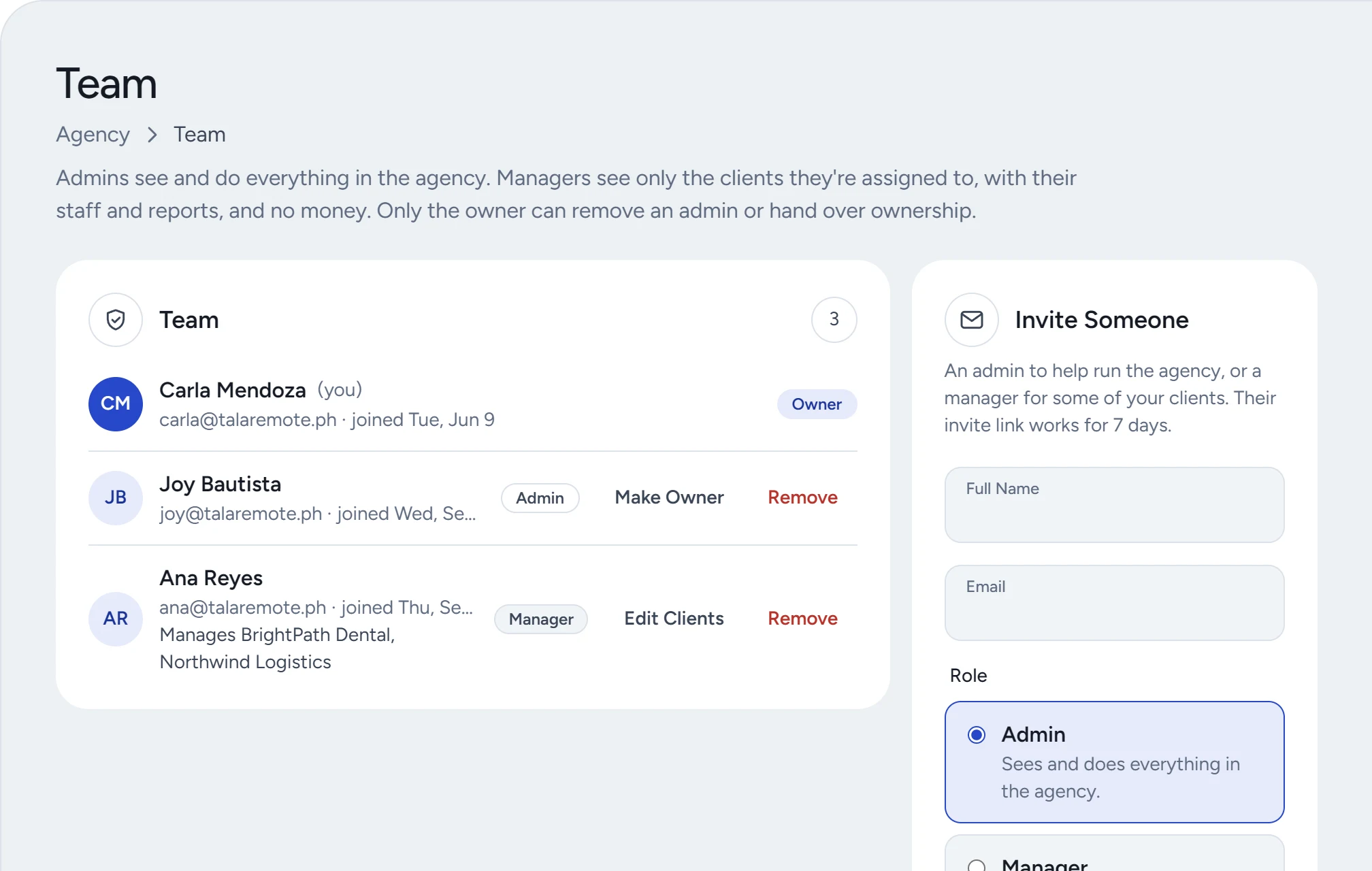 The Team page with admins and account managers.